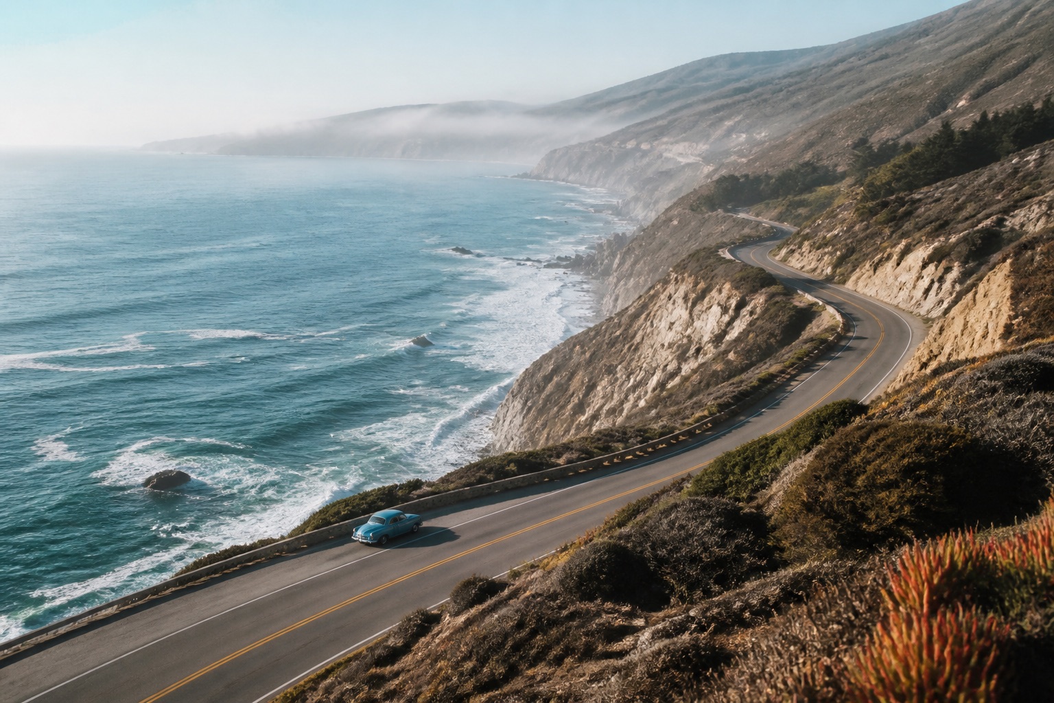 A blue car follows a coastal road above the Pacific Ocean
